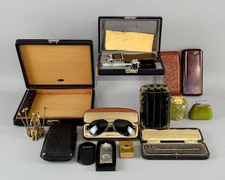Dunhill cigar box, miniature silver cased golf club from Pacey Creek 1926, five cigar cases, two cigar cutters, matchbox hold