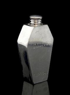 EMI: Chrysalis - Pewter hip flask in the design of a coffin, engraved 'If the end is nigh...go out with a bang!', 4.5 inchesP