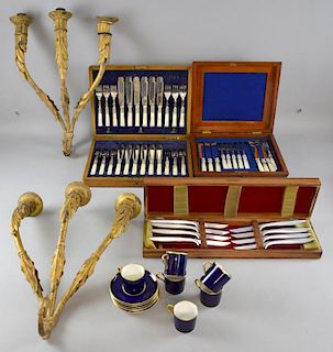 Aynsley six piece coffee set, two mother of pearl cutlery sets, knife set & a pair of three light wall brackets decorated wit