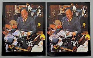 Mel Blanc (1908-1989) American Voice Actor & Comedian, two signed colour prints of Blanc seated surrounded by various images 