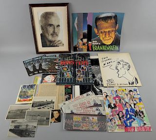 Sir Christopher Lee - Four Captain Invincible records, three amateur drawings, embroidered picture, Classic Movie Monsters st