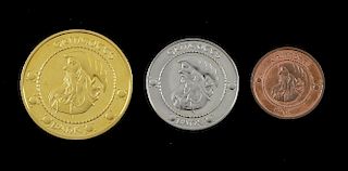 Harry Potter and the Philosopher's Stone (2001) Set of three different production made denominations of prop Gringott's Coins