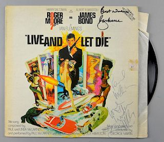 James Bond - Live and Let Die - Vinyl LP album signed on the frony cover by Roger Moore, Paul McCartney, Linda McCartney & Ge