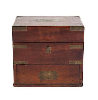 An American Victorian Brass Banded Mahogany Travelling Apothecary's Box, Height 8 x width 9 inches.