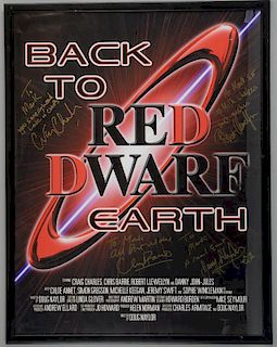 Red Dwarf (TV Series) - Back To Earth poster signed by Chris Barrie, Craig Charles, Danny John-Jules & Robert Llewellyn, fram