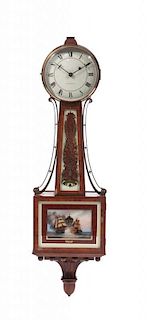 An American Walnut and Eglomise Banjo Clock, Retailed by Tilden-Thurber, Height 42 inches.