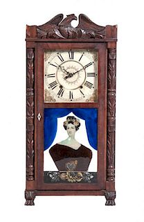 An American Carved Mahogany Mantel Clock, John Bacon, Height 33 x width 16 1/2 inches.