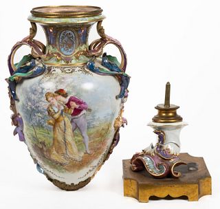 CONTINENTAL PORCELAIN HAND-PAINTED MONUMENTAL BOLTED VASE