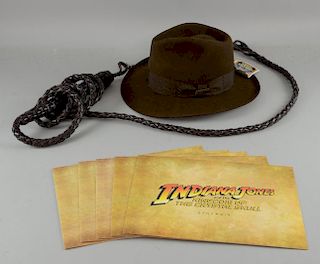 Indiana Jones & The Kingdom of the Crystal Skull, 2008 - A promotional Indiana Jones fedora hat, a leather whip with woven bo