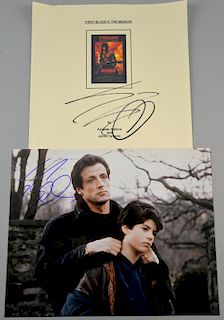Sylvester Stallone, Rambo signed page & a signed photo from Rocky, 10 x 8 inches (2)