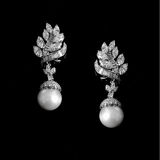 Diamond, Pearl and Platinum Earrings.