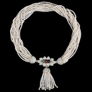 Diamond, Gemstone, Pearl and 18K Necklace