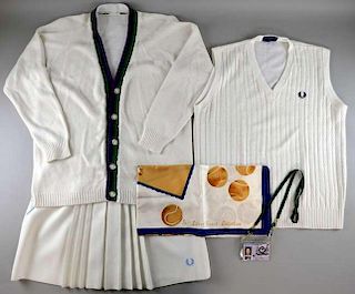 Tennis - Ladies Clothing including a Green & Purple banded Wimbledon cardigan, Fred Perry skirt, Fred Perry Tank Top, The Sil