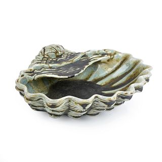 Vintage Glazed Pottery Clam Shell Dish