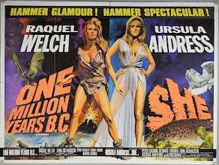 One Million Years B.C./She (1966) British Quad Double Bill film poster, artwork by Tom Chantrell, Hammer Production, starring
