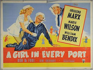 A Girl In Every Port (1952) British Quad film poster, starring Groucho Marx, RKO, folded, 30 x 40 inches
