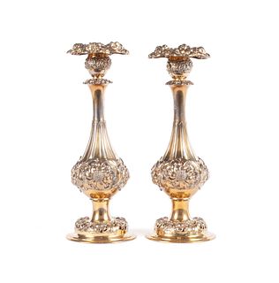 PAIR OF TIFFANY STERLING SILVER VERMEIL CANDLESTICKS