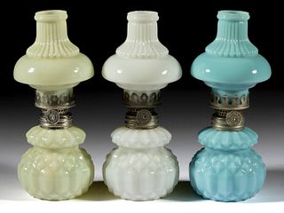 LEON'S RIBBED OPAQUE GLASS MINIATURE LAMPS, LOT OF THREE