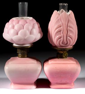 CONSOLIDATEDS ROSE SATIN GLASS MINIATURE LAMPS, LOT OF TWO, 