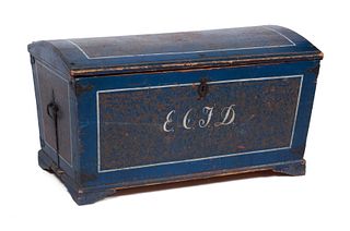 ANTIQUE BLUE PAINTED AND SPONGE DECORATED TRUNK