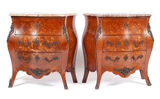 PAIR OF LOUIS XV STYLE MARQUETRY BOMBE COMMODES
