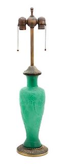 A Steuben Green Glass and Gilt Bronze Mounted Table Lamp, Height overall 14 1/4 inches.