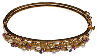 14k Yellow Gold, Pearl, Sapphire and Ruby Hinged Bangle Bracelet