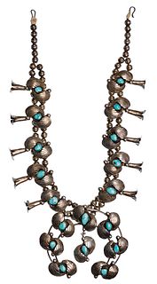 Native American Indian Sterling Silver and Turquoise Squash Blossom Necklace