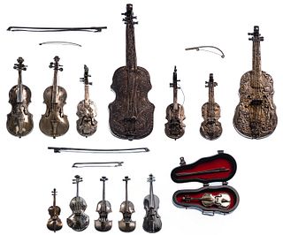 Sterling Silver and European Silver (800) Violin, Guitar and Bow Assortment