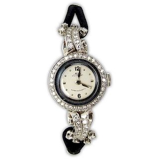Lady's Vintage Diamond and Platinum Mido Multifort Super-Automatic Movement Watch with Silk Strap and Stainless Steel Buckle