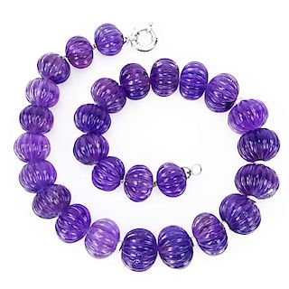 Lady's Vintage Approx. 600.0 Carat Carved Amethyst Bead and 18 Karat White Gold Necklace