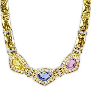 Gem Quality Approx. 30.0 Carat Heart Shape Natural No Heat Sapphire, Diamond, Platinum and 18 Karat Yellow Gold Necklace