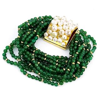 Circa 1950s Twelve (12) Strand Emerald Bead, Pearl and 18 Karat Yellow Gold Bangle Bracelet