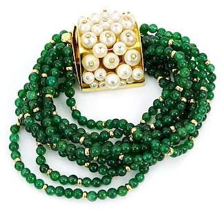 Circa 1950s Ten (10) Strand Emerald Bead, Pearl and 18 Karat Yellow Gold Bangle Bracelet