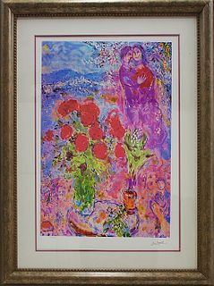 Marc Chagall Limited Edition Red Bouquet with Lovers after Chagall