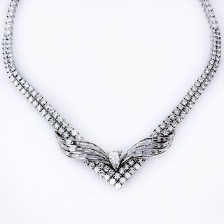 Approx. 27.0 Carat TW Diamond and 18 Karat White Gold Bib Necklace Set in the center with a 1.06 Carat Pear Shape Diamond
