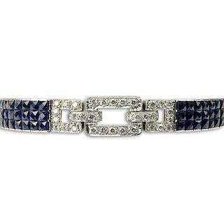 Art Deco style Approx. 3.90 Carat Diamond, 12.0 Carat Invisible Set Sapphire and 14 Karat White Gold Bracelet