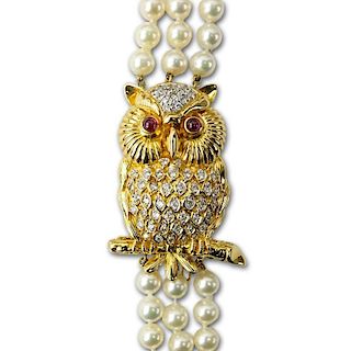 Triple Strand 339 6mm Akoya Pearl Necklace with Removable 18 Karat Yellow Gold, 2.0 Carat Round Brilliant Cut Diamond Owl Bro
