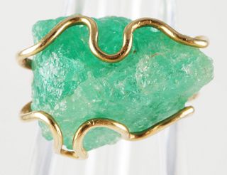 18K Yellow Gold w Large Rough Emerald Ring