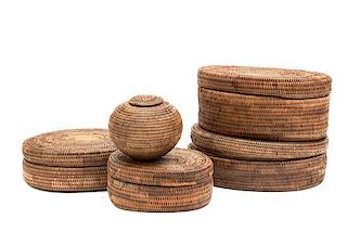 Five Woven Lidded Baskets, Height 2 3/8 x length 7 3/8 inches.
