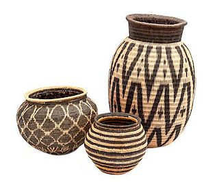 Three African Woven Baskets, Height of largest 13 inches.