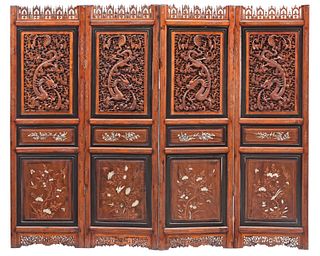 Chinese Four Panel Carved Wood Screen