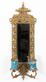 CONTINENTAL LONGWY-STYLE FAIENCE CERAMIC AND BRASS WALL MIRROR / SCONCE