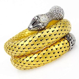 Very Fine and Rare Antique 18 Karat Yellow and White Gold Flexible Snake Bracelet