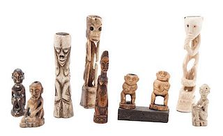 Nine Carved Wood and Bone Figures, Height of largest 5 1/2 inches.