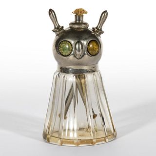 FIGURAL OWL RIBBED PANEL GLASS AND METAL CIGAR LAMP