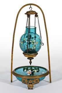 VICTORIAN DECORATED GLASS AND BRASS HANGING FAIRY LAMP