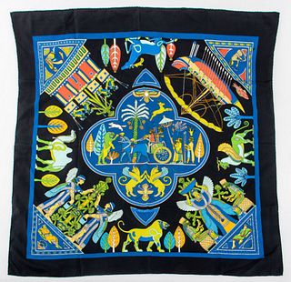 Hermes square silk twill scarf in the "Persepolis" pattern on a blue ground, designed by Sophie Koechlin in 2000, signed "Sophie K" lower right, marke