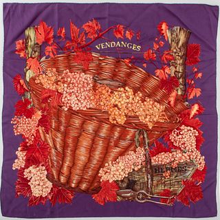 Hermes silk twill scarf in the "Vendanges" pattern in red on a purple ground, marked "HERMES" lower right, "MADE IN FRANCE / SOIE 100% SILK" to revers