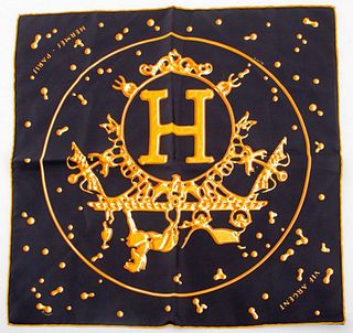Hermes silk pocket square in the "Vif Argent" pattern in gold-tones on a black ground, marked "HERMES - PARIS" lower left corner, "MADE IN FRANCE / SO